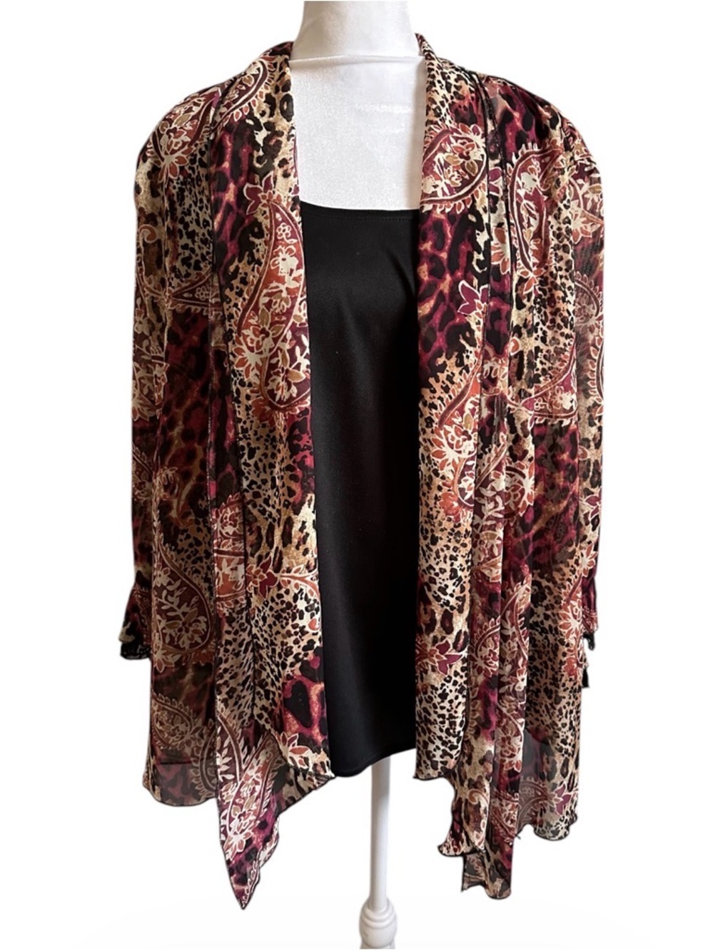 Sara Michelle Burgundy, Black & Tan Sheer Printed Kimono size XL